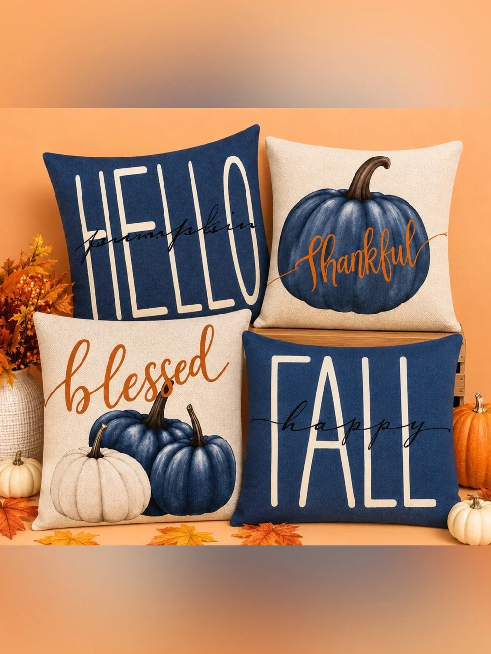 Fall & Autumn Navy Blue and cream 18×18 square Textured Pillow COVERS
